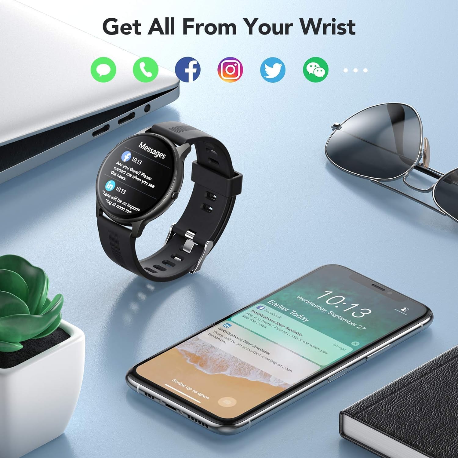 AGPTEK Smartwatch, 1,3 Zoll runde Armbanduhr mit personalisiertem Bildschirm, Musiksteuerung, Herzfrequenz, Schrittzähler, Kalorien, usw. IP68 Wasserdicht Fitness Tracker für iOS und Android, Schwarz