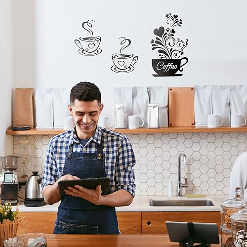 Miniatura 6 de Adhesivo decorativo de pared de cocina taza de té flor arte de pared calcomanía de decoración de pared de taza de café negra calcomanías de arte de