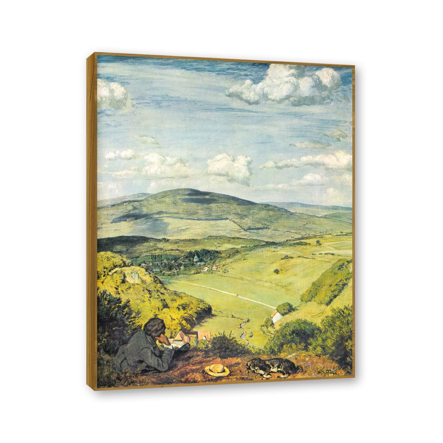 NHLDZYH Teak Frame. Hans Thoma Style Canvas Wall Art - (Taunus landscape), German Romantic Realism Painting with Symbolic Nature, Rustic Country Home Decor. 80x105cm-31.5x41.3in