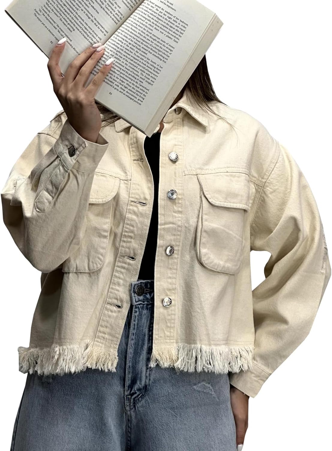 Women's Cropped Denim Washed Distressed Button Down Long Sleeve Jean Jacket Coats