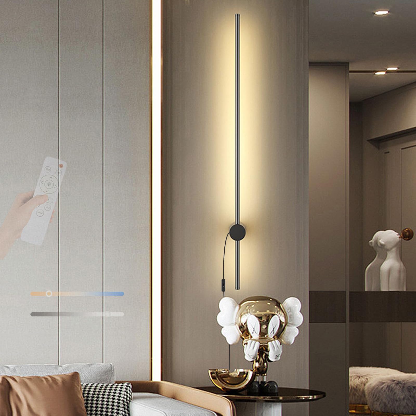 TZSMUM LED Indoor Wall Lighting with Remote Control Wall Light 2700K-6500K Dimmable Wall Lamp with Plug in Cord Wall Sconce 360° Rotate Long for Bedroom Hallway Living Room (Black,60cm)