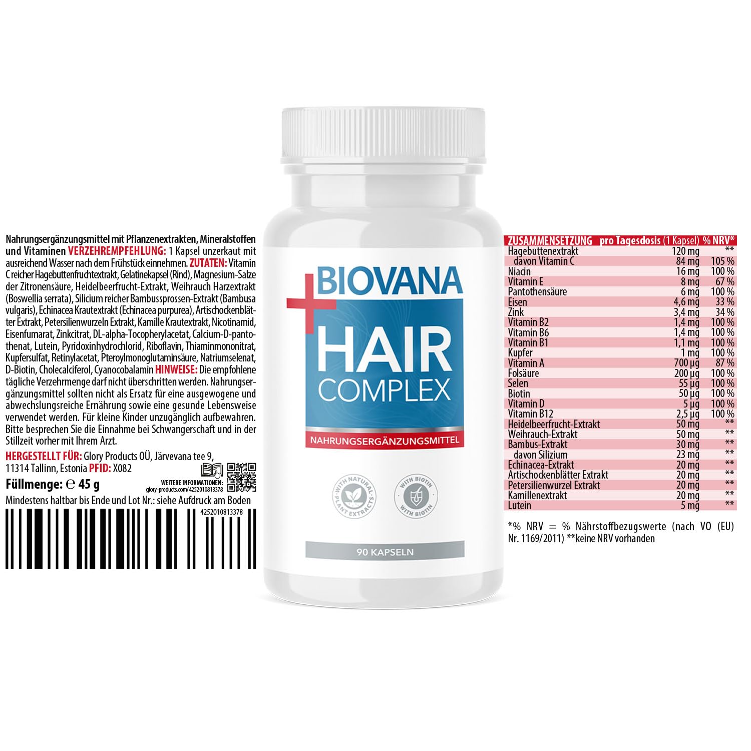 HairComplex Kapseln | reich an Vitaminen & Mineralstoffen | hergestellt aus hochwertigen Zutaten | 90 Kapseln Inhalt