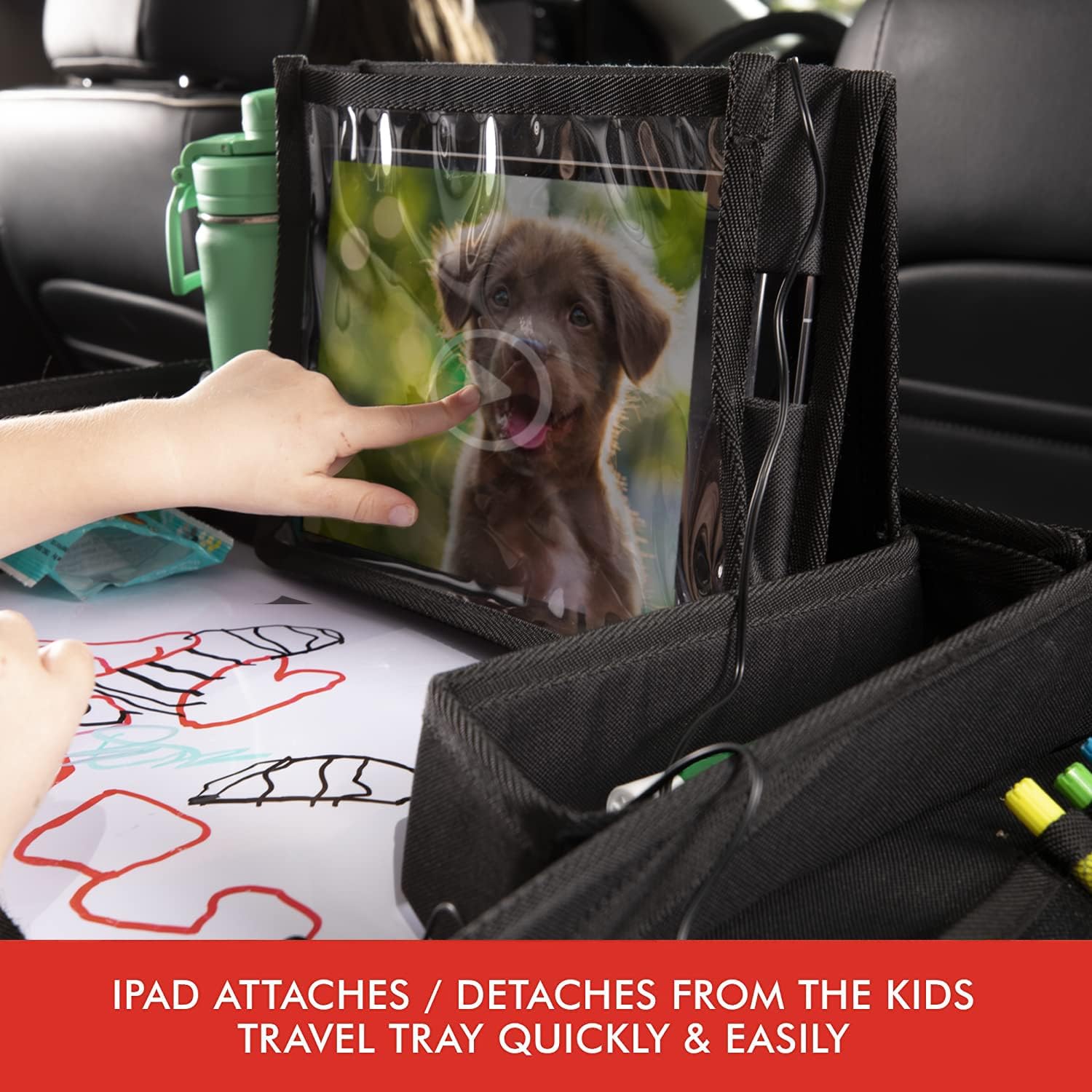 Lusso Gear Kids Travel Tray (Black) + Two Pack of Car Seat Organizer (Black), Extra Large for Protection, Sag Proof & Reinforced Corners, Protects iPad & Backseat, 12 Versatile Car Seat Organizer Stor