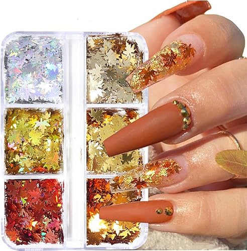 Hojas de arce con purpurina para uñas 3D 6 rejillas holográficas de otoño hojas de otoño para decoración de uñas, copos láser de hojas de otoño,