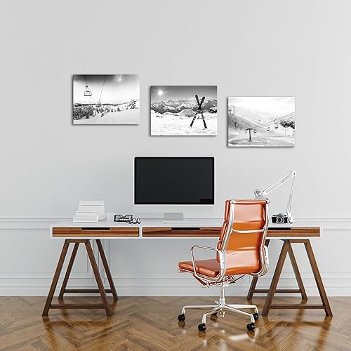 Miniatura 5 de Biuteawal Lienzo de esquí de 3 piezas, arte de pared en blanco y negro para remontar, tablas de snowboard al sol, pintura nevada de invierno,