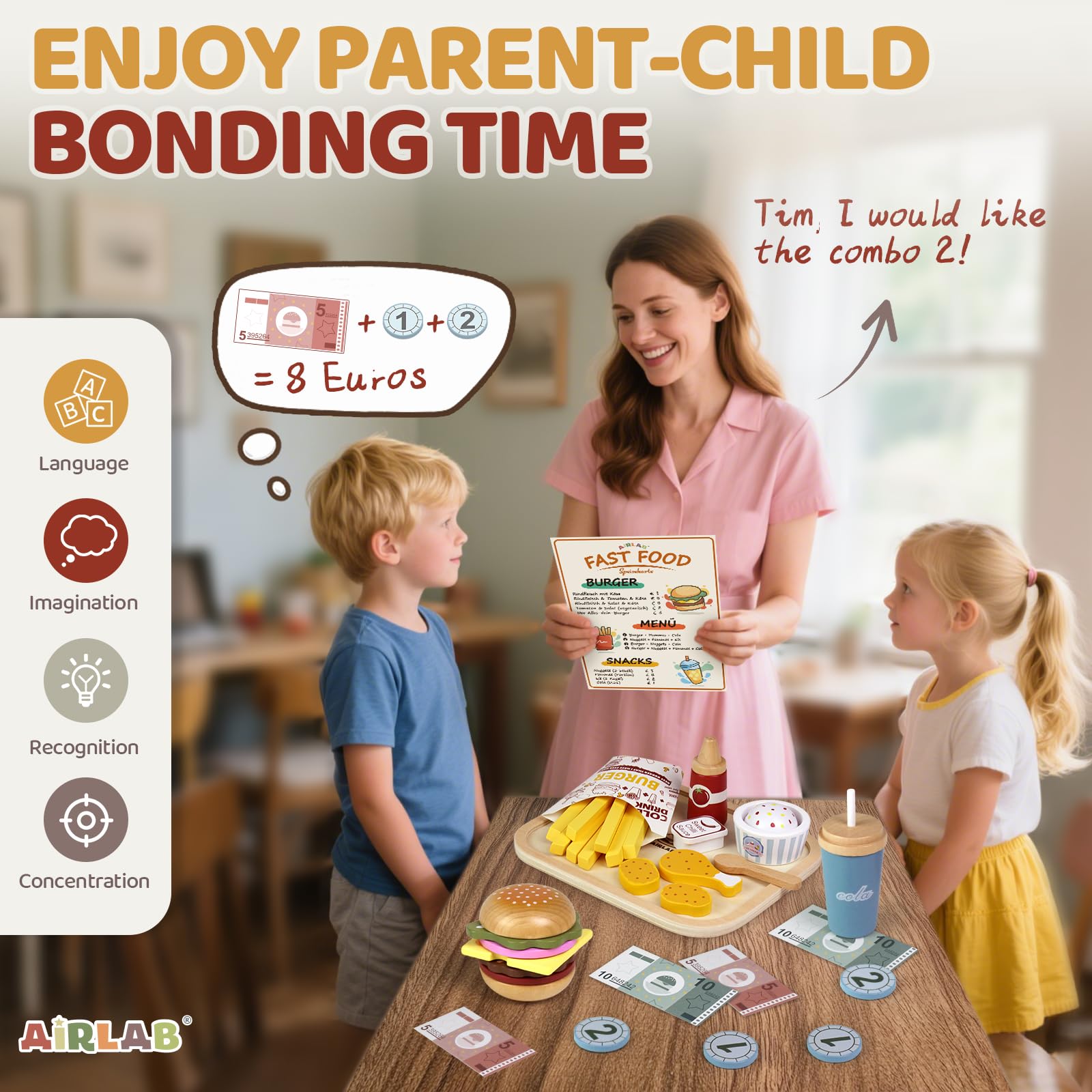 Airlab Fast Food Giocattolo, Accessori Cucina Giocattolo Legno per Bambini Bambina, Set Cibo Veloce Finto Giocattolo per Cucina Bambini, Regalo Bambino Compleanno Pasqua Halloween Natale 3 4 5+ Anni