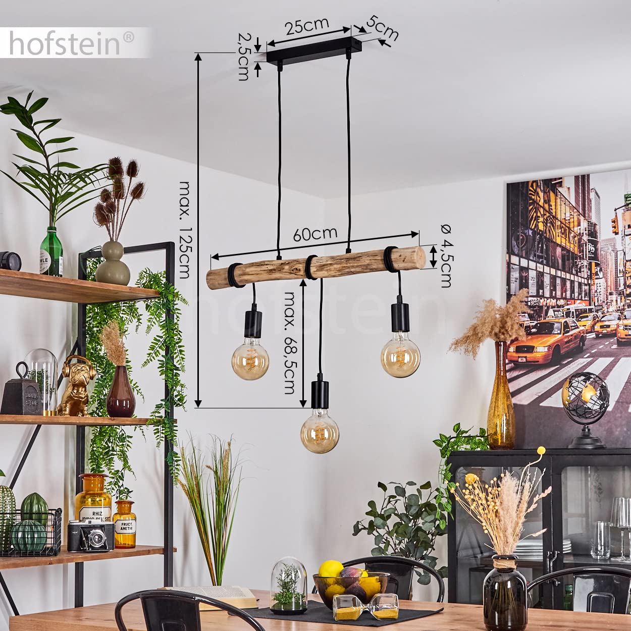 HOFSTEIN Pendelleuchte Toledo, moderne Hängeleuchte aus Metall/Holz in Schwarz/Natur, Pendellampe höhenverstellbar, skandinavischen Design, Echtholz-Balken, 3-flammig E27, Esszimmer, Wohnzimmer, Küche
