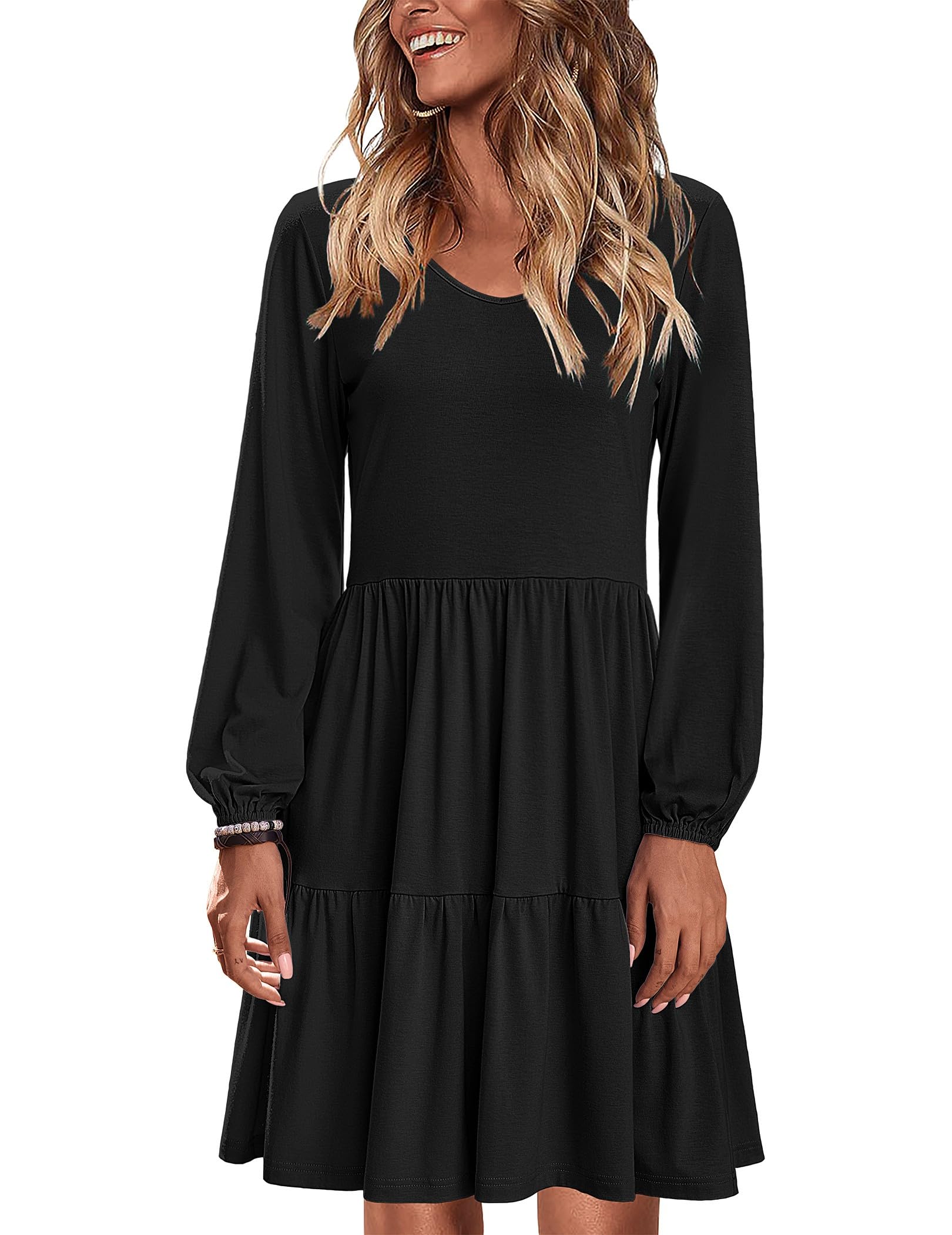 Zeagoo Zomerjurk voor dames, lichte jurk met ruches, vierkante hals, strandjurk, knielang, A-lijn, mini-jurk met zakken, blauw en witte bloemen, XL