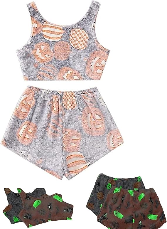 Halloween Pyjama Damen Set - Leuchtender Flanell Schlafanzug Mit Gruselmotiven