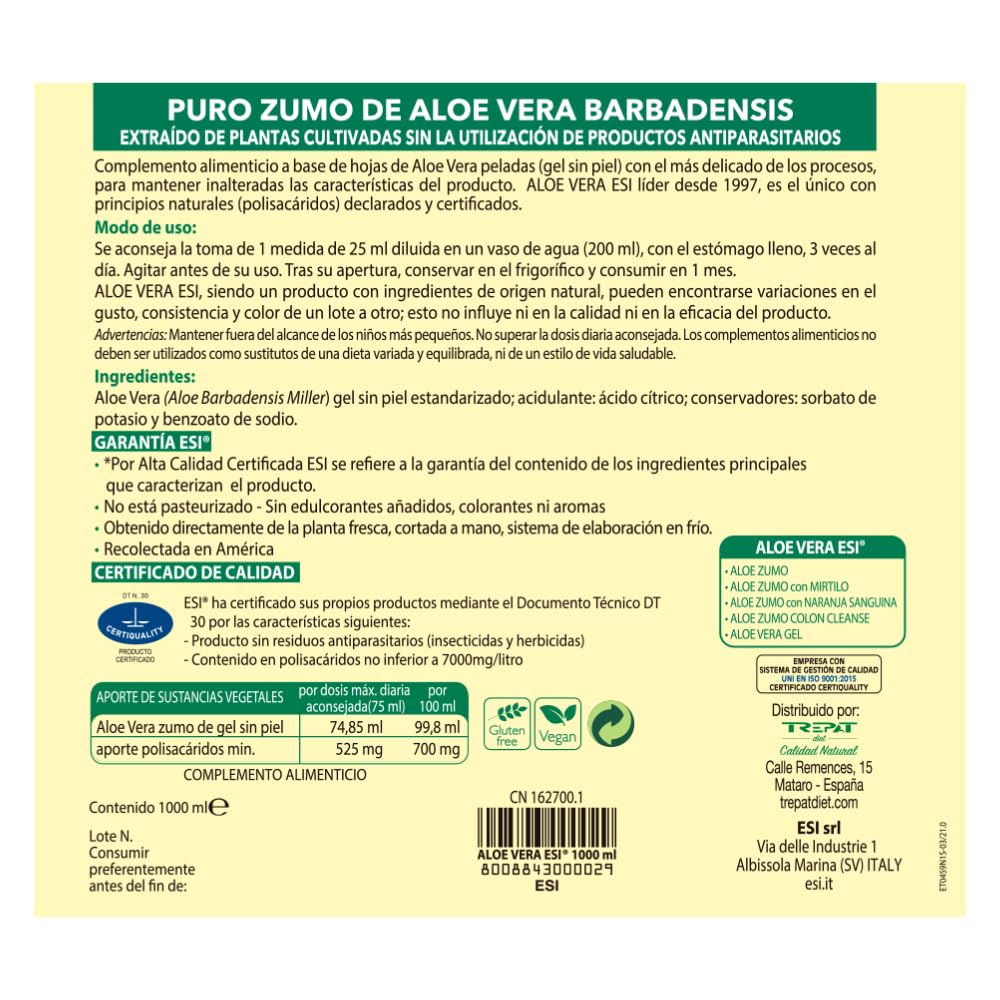 ESI Aloe Vera Gel Puro - Zumo sin aloína, natural con de polisacáridos - Sin gluten, sin lactosa, sin OGM - Apto para veganos - Botella PET con tapón dosificador