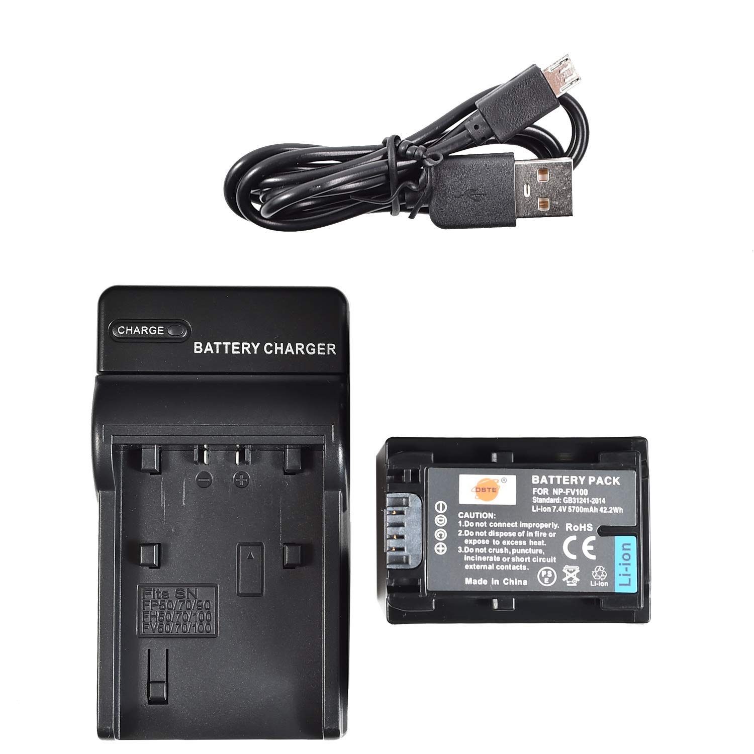 DSTE Batterie de rechange + chargeur micro USB Compatible avec NP-FV100 Sony DCR-SR15 SR21 SR68 SR88 SX15 SX21 SX44 SX45 SX63 SX65 SX83 SX85