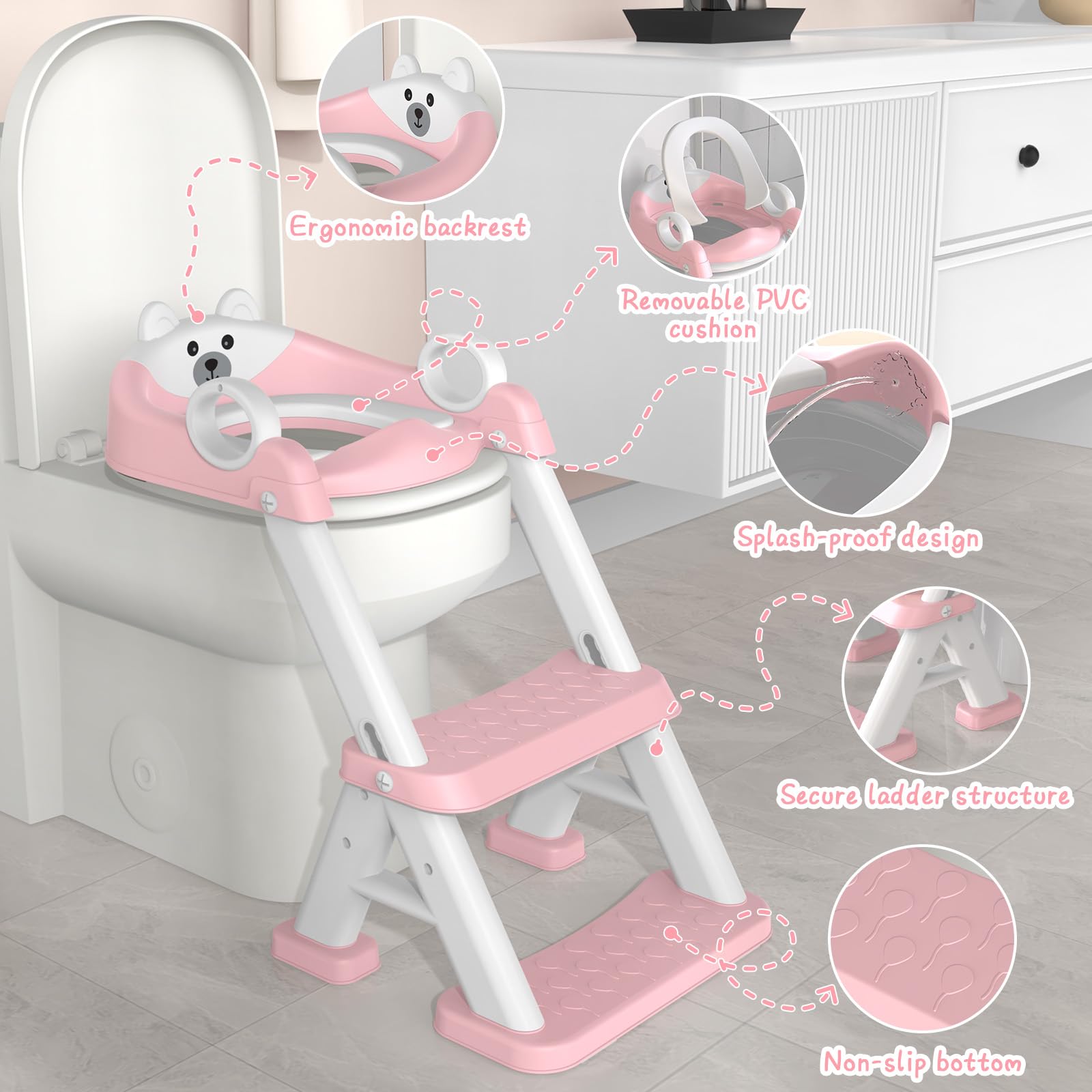 Riduttore WC Bambini, Sedile Rialzato per Bambini Maschi e Femmine, Riduttore WC 2 in 1 con Scaletta, Riduttore WC Sedile del Water con Seggiolino per Bambini, Pedana Antiscivolo Anti-Spruzzo, Rosa