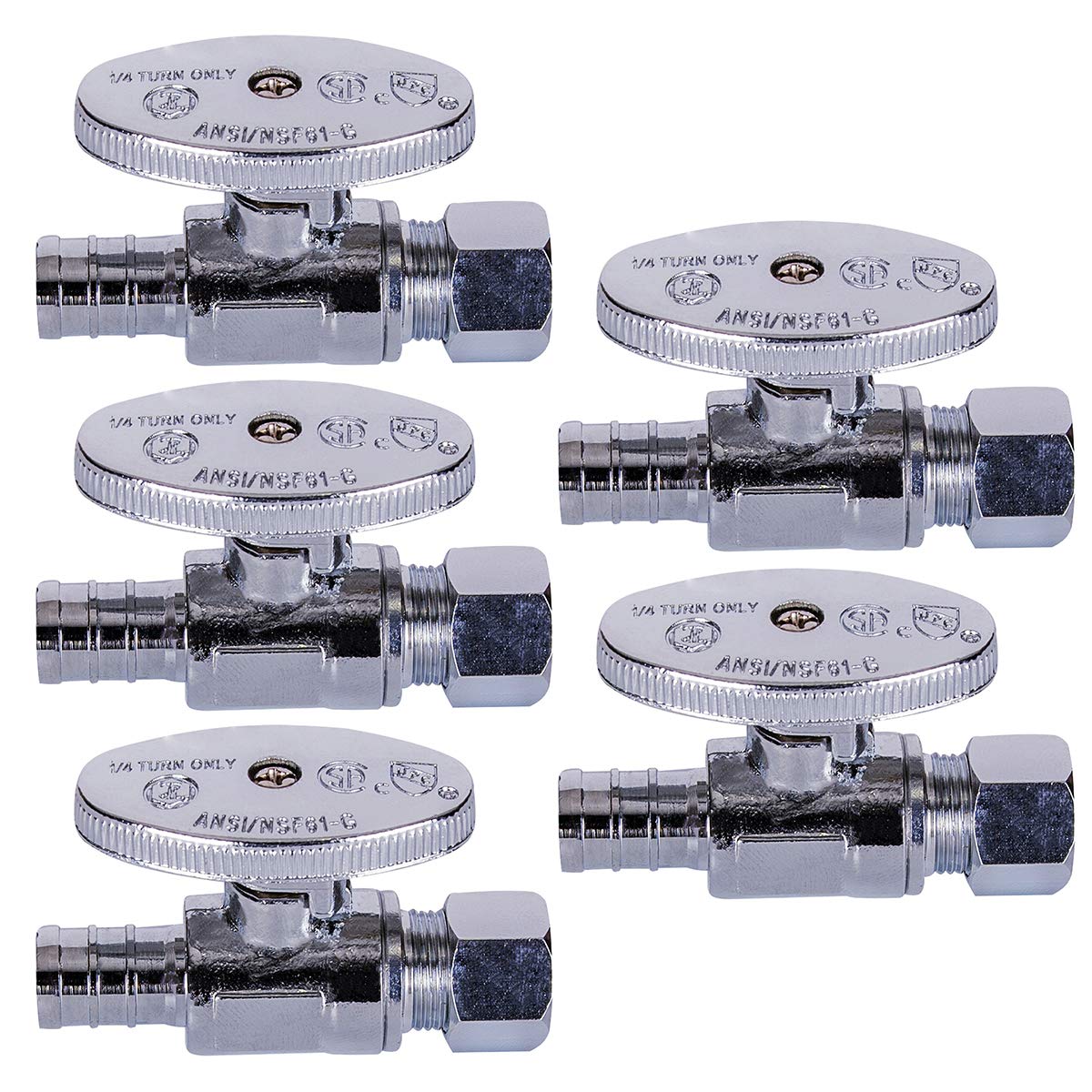 Midline Valve 82515QS-OM-5 Water Supply Stop Valve with Quarter Turn Wheel; One Piece Design; Straight Shut-off for Toilet, Sink, Dishwasher; 1/2 in. PEX x 1/4 in. COMP; Chrome Plated Brass (5 Pack)