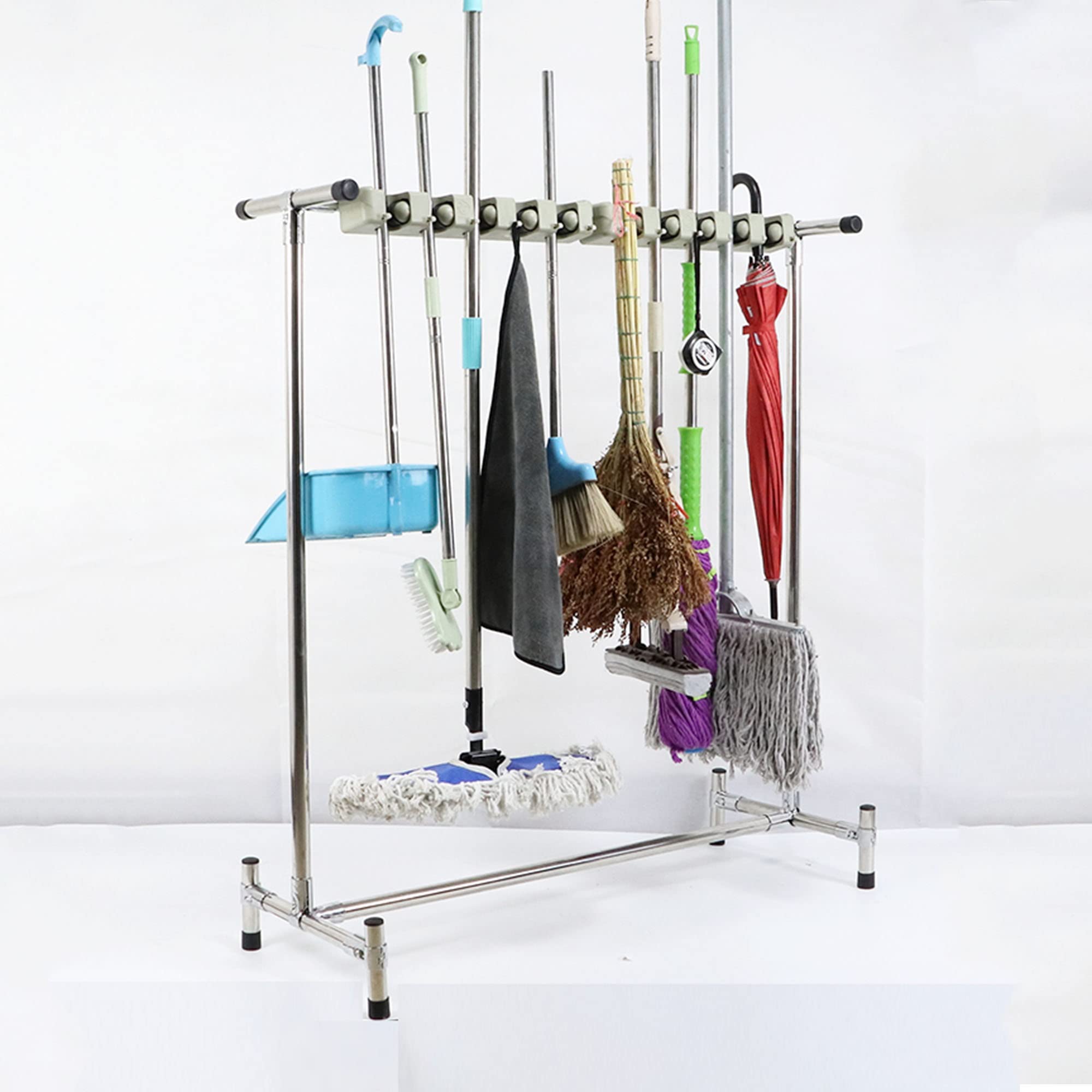 Soporte móvil para escobas, estante de acero inoxidable, organizador de almacenamiento de pie para fregonas húmedas en el hogar, garaje, escuelas, fábricas