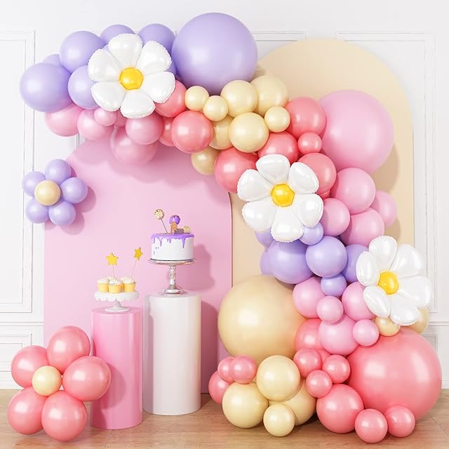 149Pcs Pink Purple Balloon Arch Garland Kit, Dusty Pink Pastel Purple Matte Orange Boho Groovy Daisy Flower Latex Balloon Garland for Girls Women Bridal Baby Shower Wedding Birthday Party Decorations