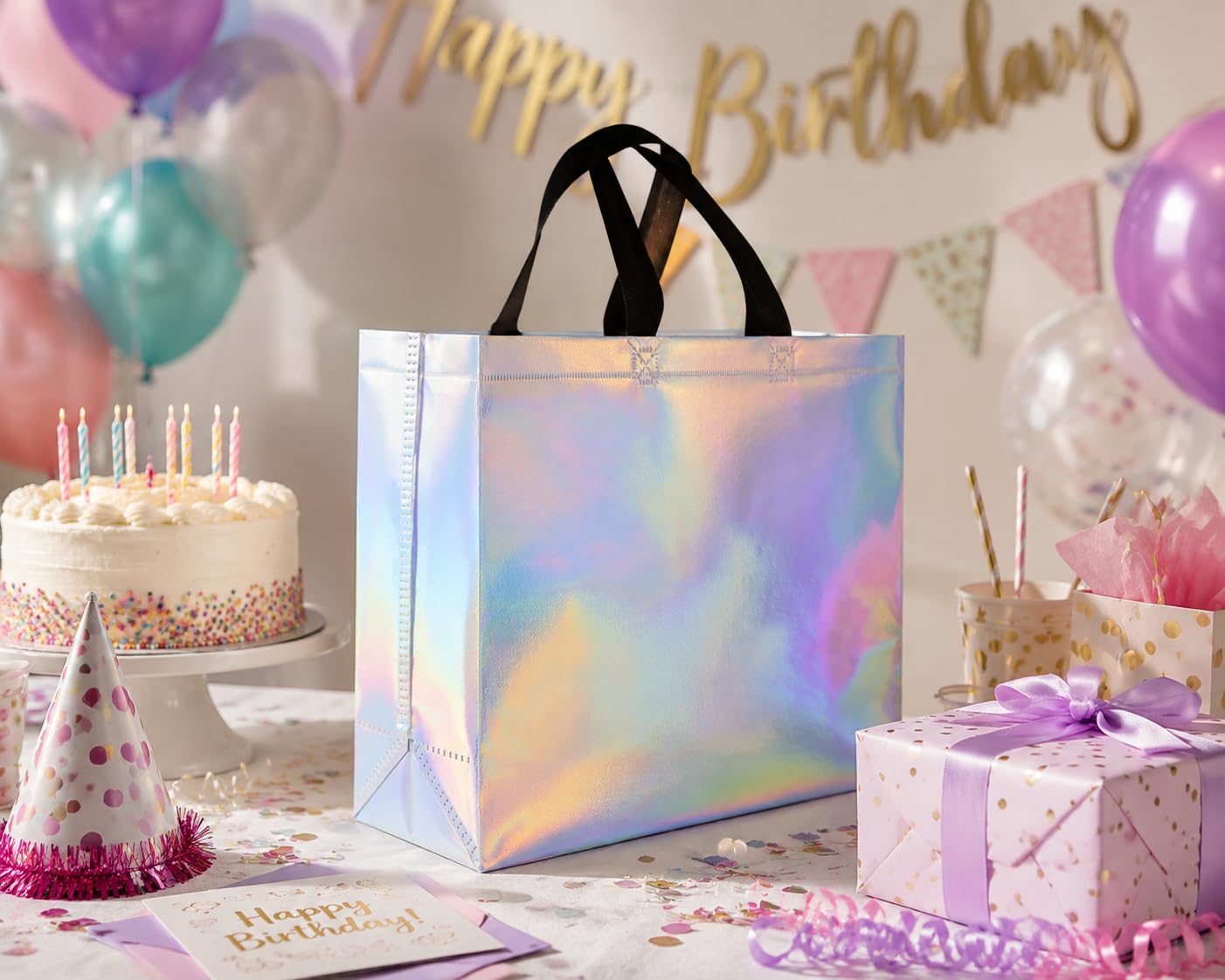 cabzymx Glossy Iridescent Gift Bags 15 Pcs, 12.6x4.7x11 In Reusable Goodie Bags Bulk with Handles & Sturdy Base, Christmas Gift Bags for Birthday, Wedding, Holiday, Party,Thanksgiving