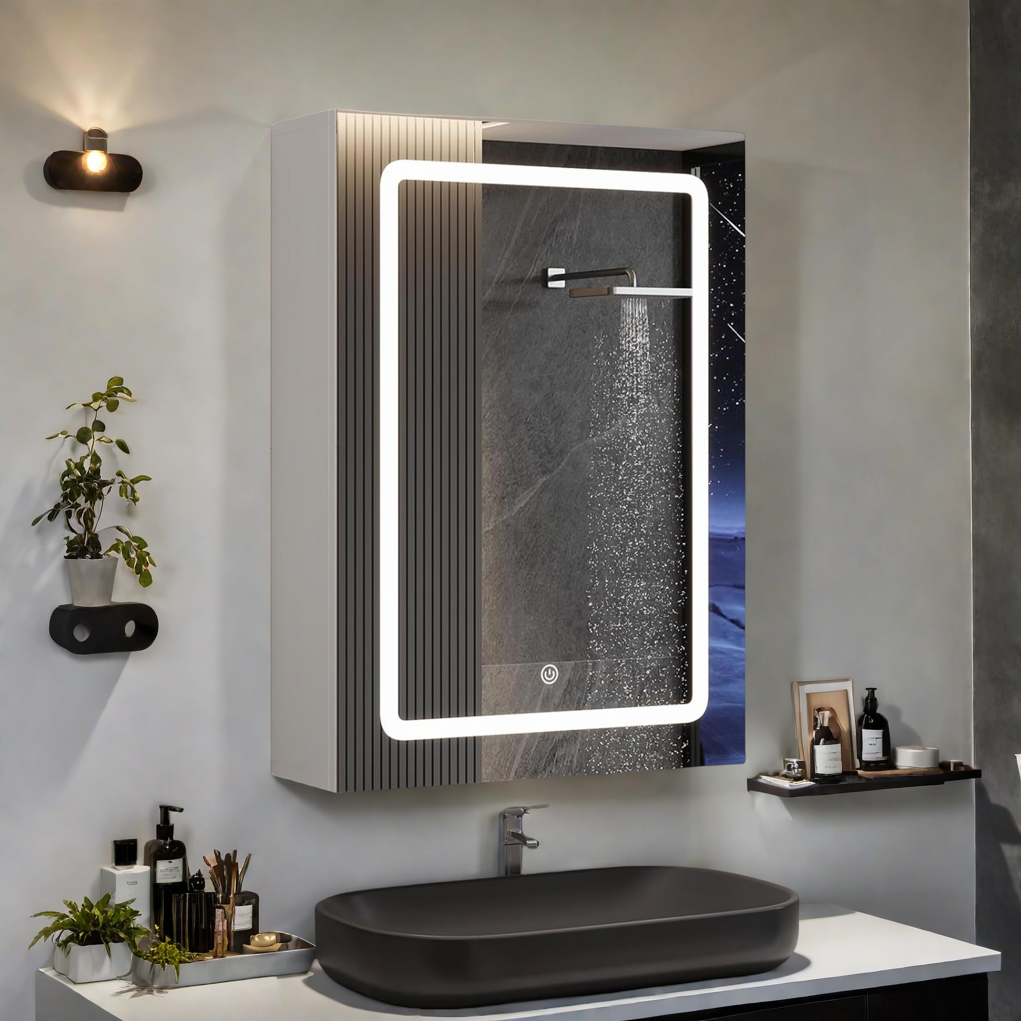 LKPOMI Armario con espejo para baño con iluminación, 3 colores de luz ajustables, armario con espejo LED para baño, armario colgante con espejo, interruptor táctil (blanco, 50 x 70 cm)