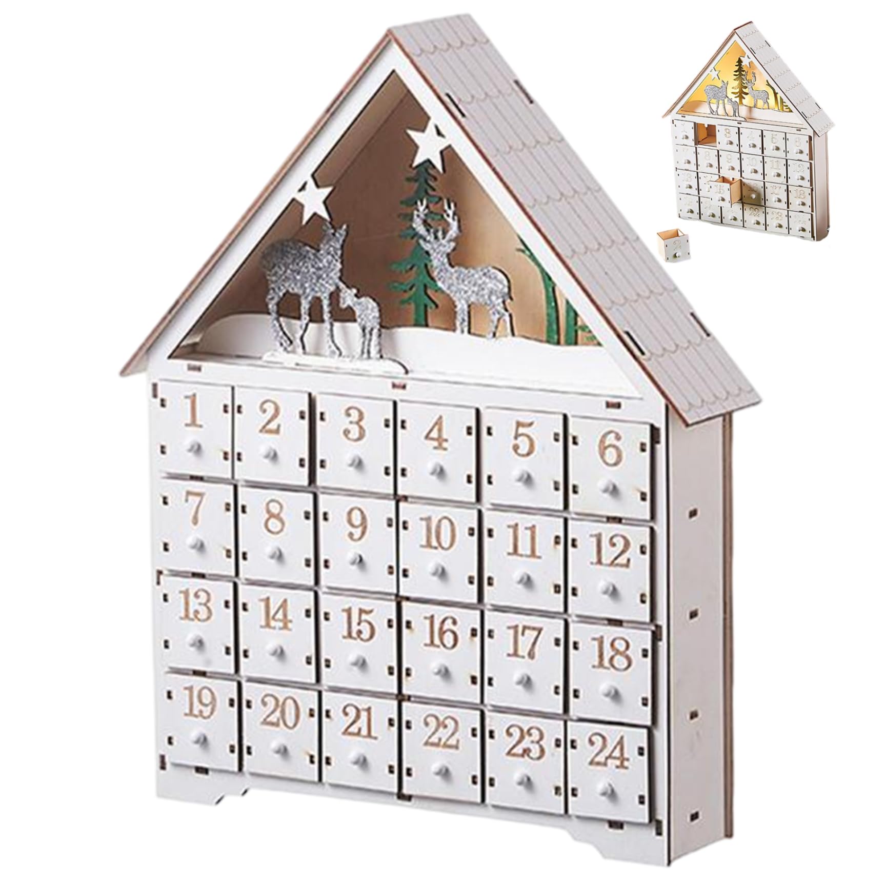 Gcroet Calendario dell'Avvento in Legno con cassetti e luci a LED Calendari di Avventura Vuoti per 24 Giorni da riempire per la Decorazione Natalizia.