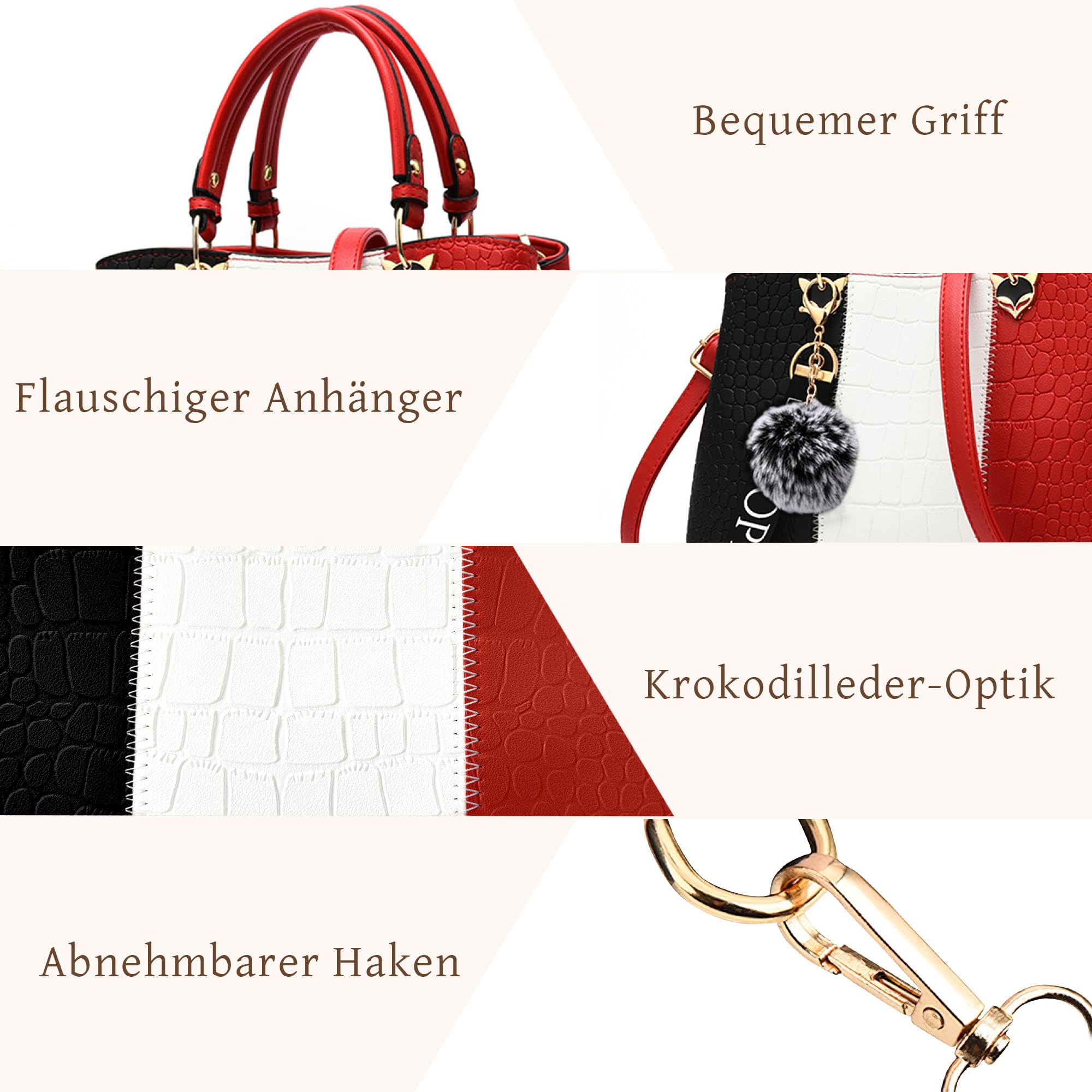 VARLIVOO Damen Handtasche Schultertasche Frauen Umhängetasche Taschen Wasserdicht Krokodilmuster PU Leder Henkeltaschen Rot A
