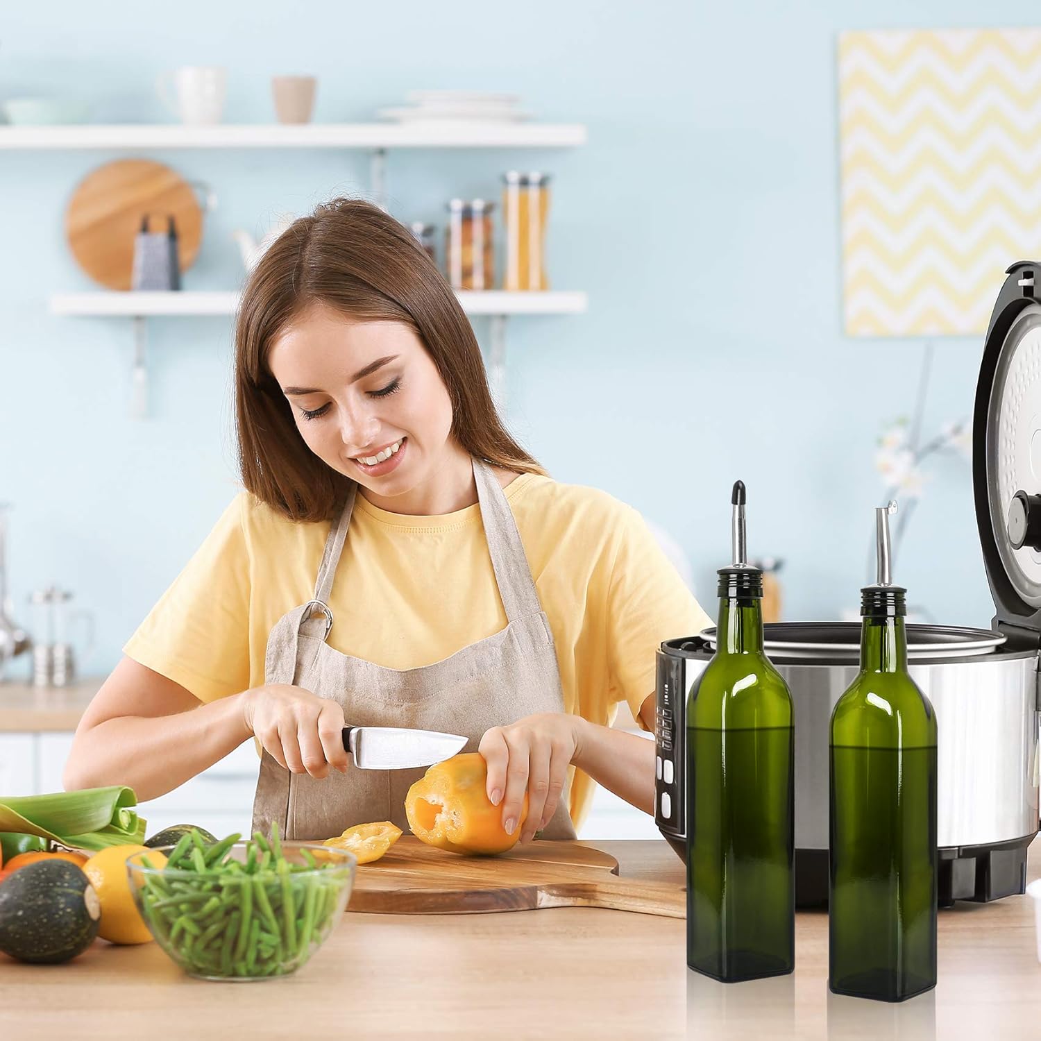 [2 Pack] Olive Oil Dispenser Bottle Set, 17oz/500ml Glass Oil & Vinegar Cruet with 4 Pourers, 2 Caps, Funnel and Labels - Olive Oil Glass Container Bottle for Kitchen (Green)