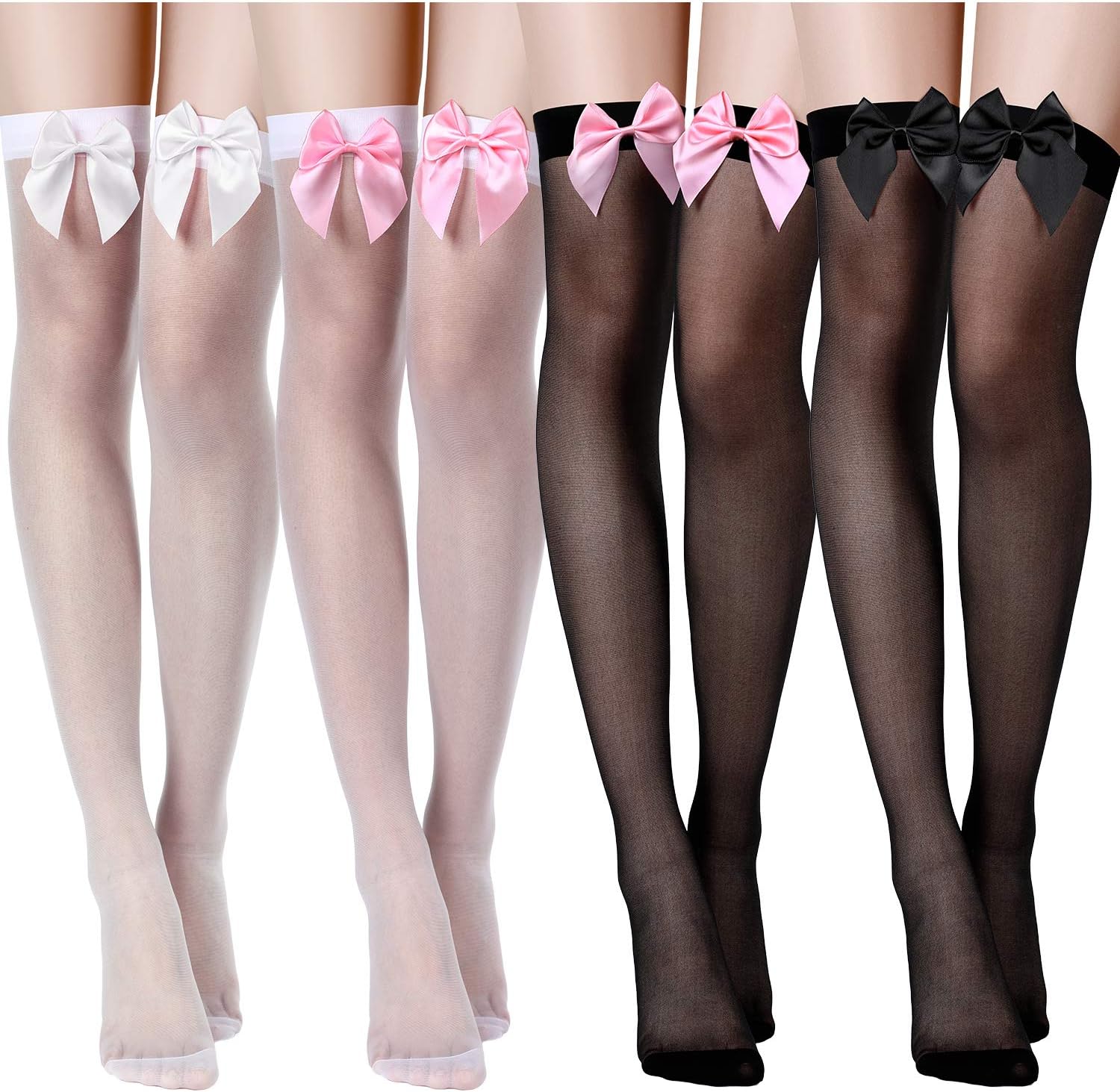 SATINIOR4 Pairs Valentine's Day Women's Bow Lace Thigh High Stockings Over The Knee Socks with Bow Accent for Daily Costume Dress