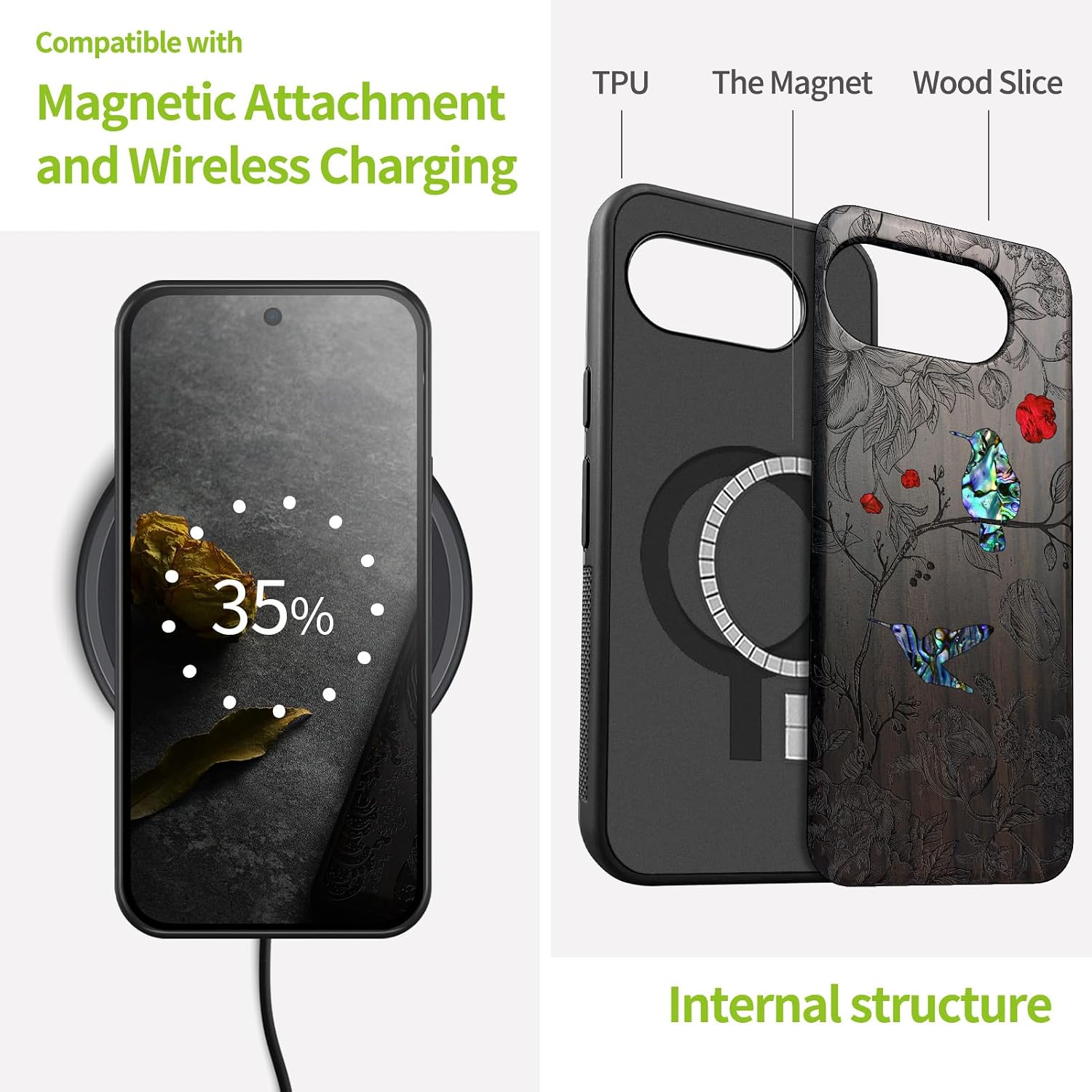 Carveit Magnetic Wooden Case for Google Pixel 10a Case, Wood Artisan Engraved & Handmade Shell Inlaid, Compatible with MagSafe Wireless Chargers (A Dance of Flora and Avian) Blackwood