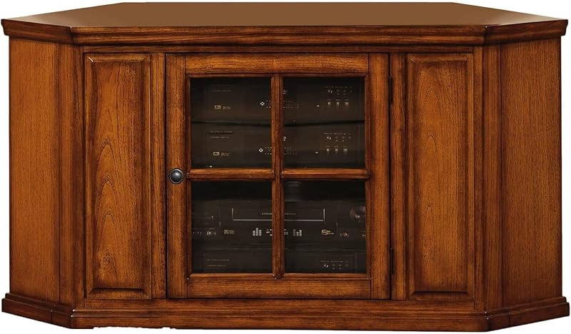 HomeStock Urban Upmarket Door Corner TV Stand, Burnished Medium Oak, 20" L x 46.75" W x 24.25" H - Stylish Corner TV Stand for Compact Spaces