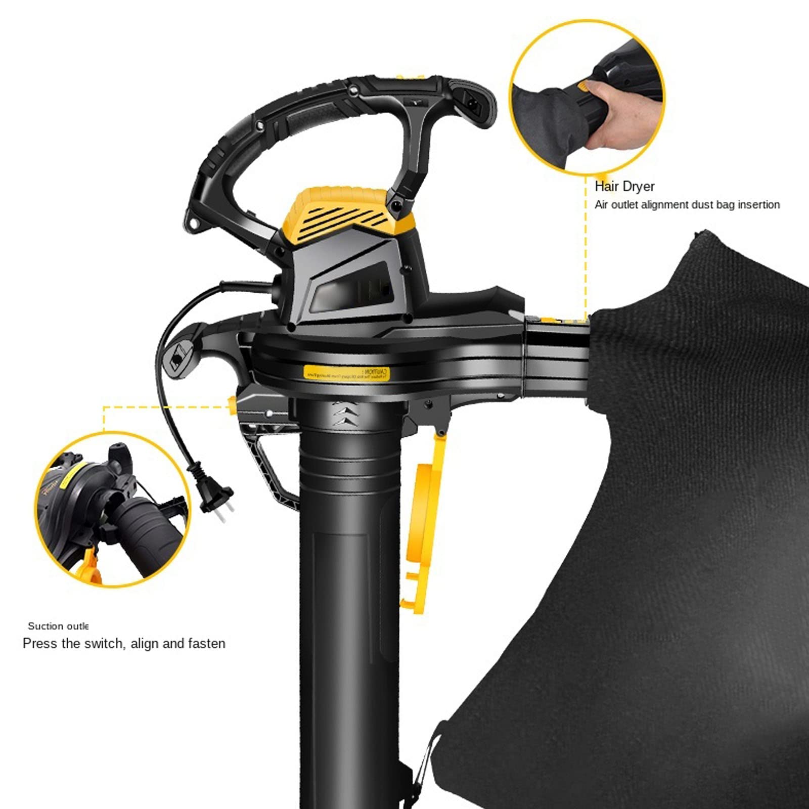 Soplador de Hojas de 3800W, Aspirador de jardín eléctrico multifunción 3 en 1 con 6 Variables y Bolsa recolectora