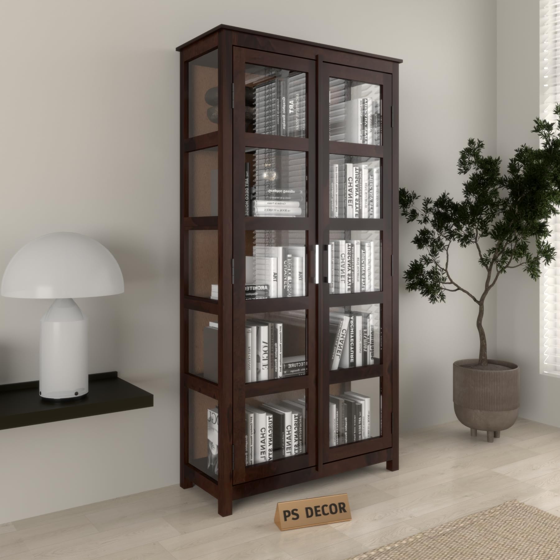 Ekdantix FurnitureSolid Wood Bookshelf with Acrylic Glass Doors | Wooden Display Cabinet for Living Room | Multipurpose Storage Almirah for Books, Decor & Office Use (Walnut Finish)-image-32