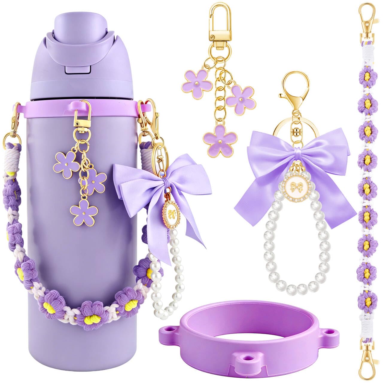 Water Bottle Accessories for Owala Stanley Cup Accessories Set Hot Pink Water Bottle Handle Strap Decoration Cute Tumbler Cup Accessories Set for Women Water Bottle Holder with Strap Db-purple