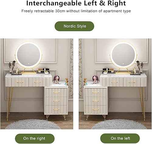 Miniatura 2 de OYhmc Mesa de tocador moderna con espejo iluminado, juego de tocador de maquillaje con cajones, taburete y baúl de 3 cajones, cómoda para mujer,