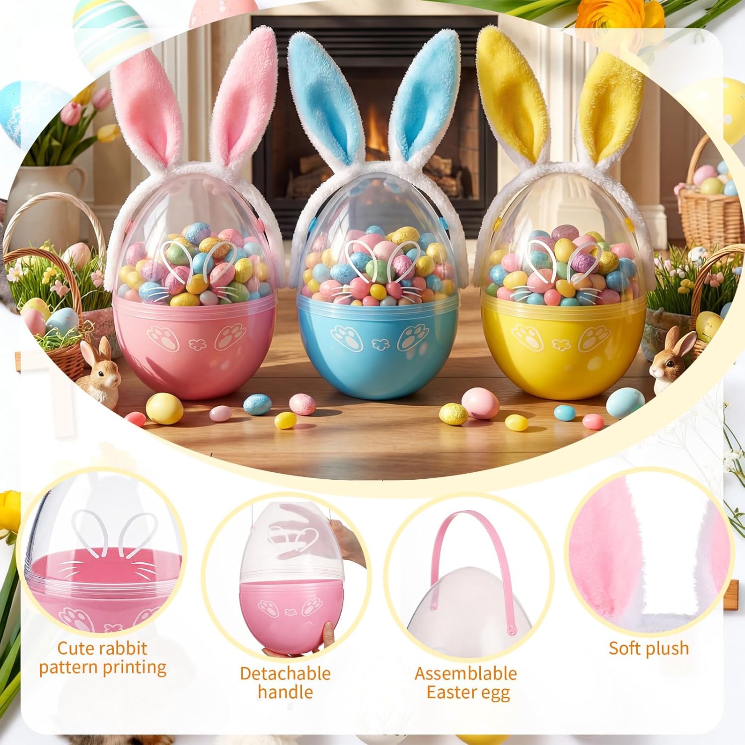 6 Pcs Giant Plastic Easter Eggs 10 Inch Jumbo Easter Egg with Plush Bunny Ears Large Fillable Egg with Handles Big Clear Empty Basket for Easters Eggs Hunt DIY Surprise Party Decorations