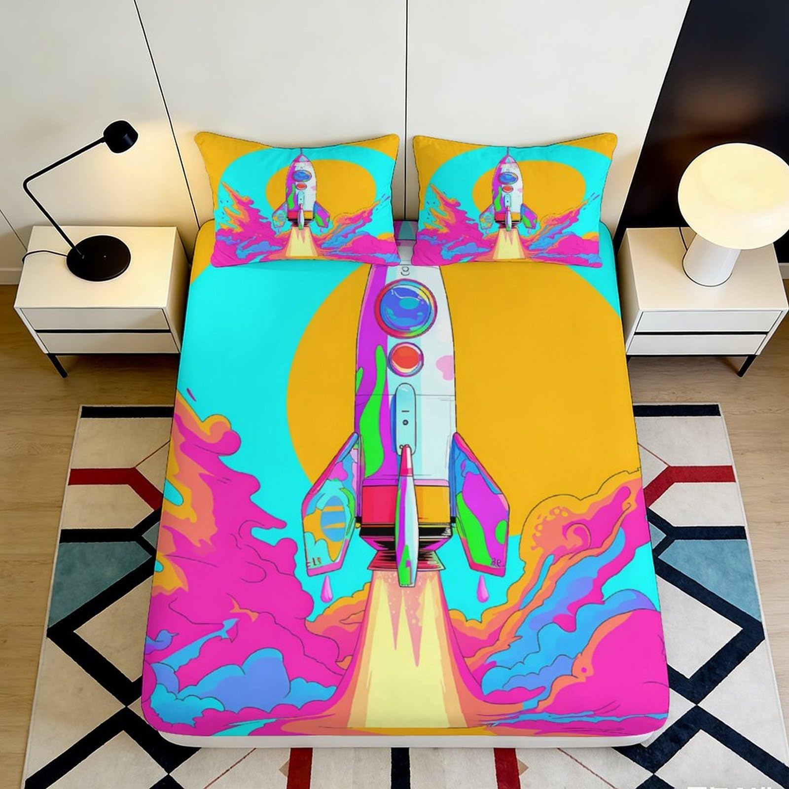 3D Printed Rocket Launch Fitted Sheet Microfiber Colourful Space Adventure Bed Cover for Bedroom Dorm Mattress Protection Decor 140x200x25cm