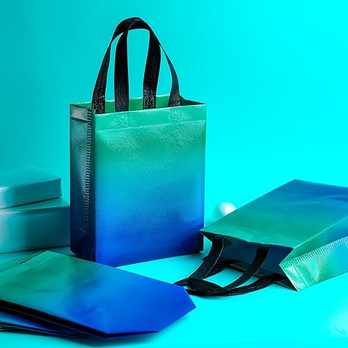 Miniatura 7 de WRAPAHOLIC Paquete de 12 bolsas de regalo reutilizables de menta degradada con asas, tamaño mediano de 8 x 4 x 10 pulgadas, perfectas para bolsas de