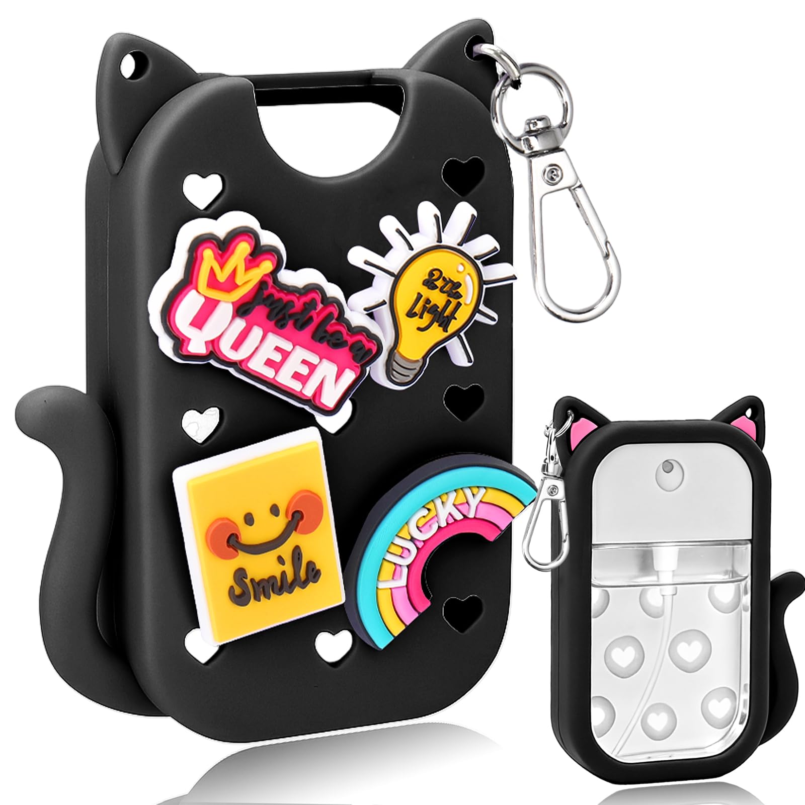 Mity rain Hand Sanitizer Spray Case Compatible With Touchland, Cute Silicone Hand Sanitizer Holder Keychain with 4 Charms, Portable Refillable Sanitizer Accessory, Gift For Women And Teens(Black)