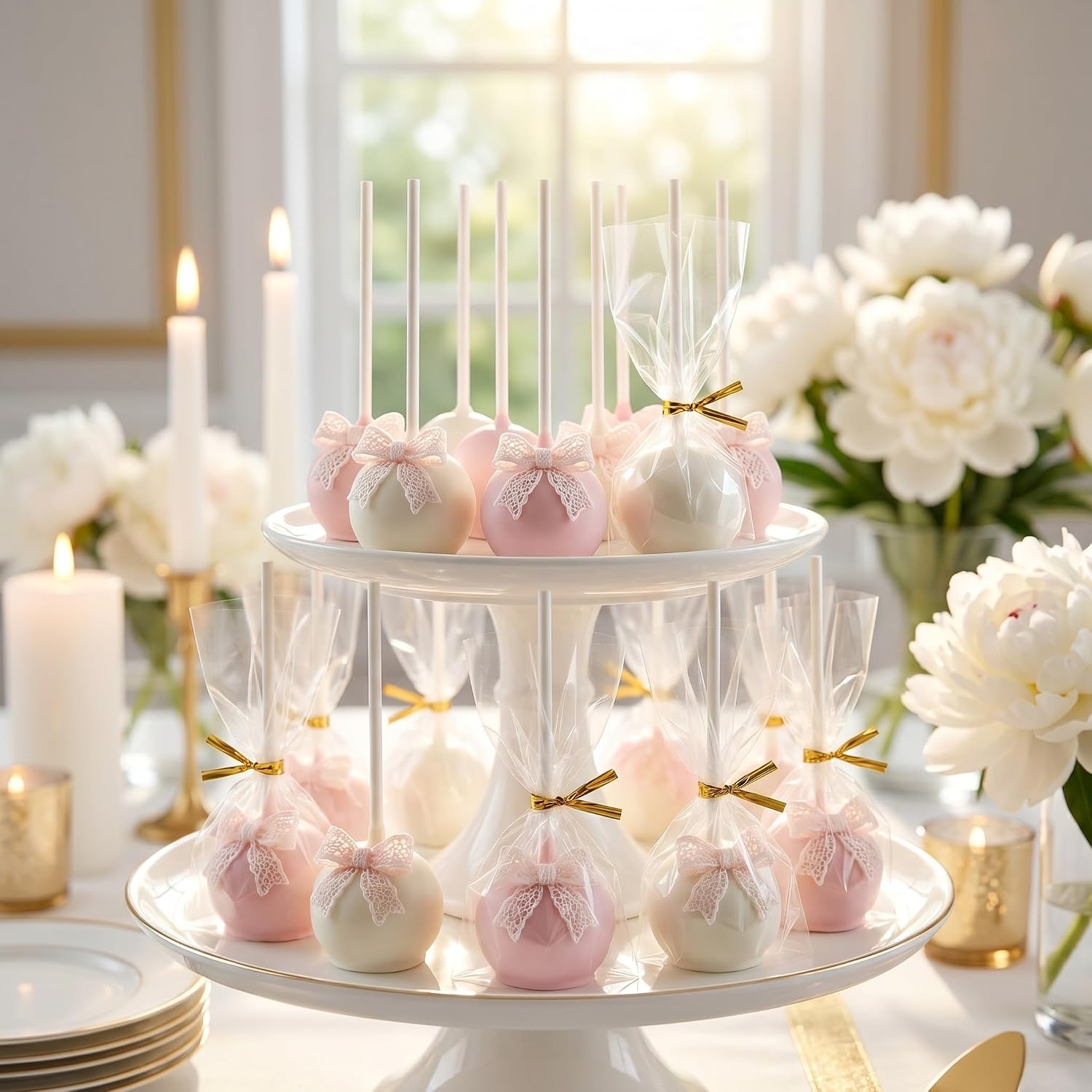 100 Pack 6 Inch Cake Pop Sticks with Cellophane Wrapper Bags & Twist Ties