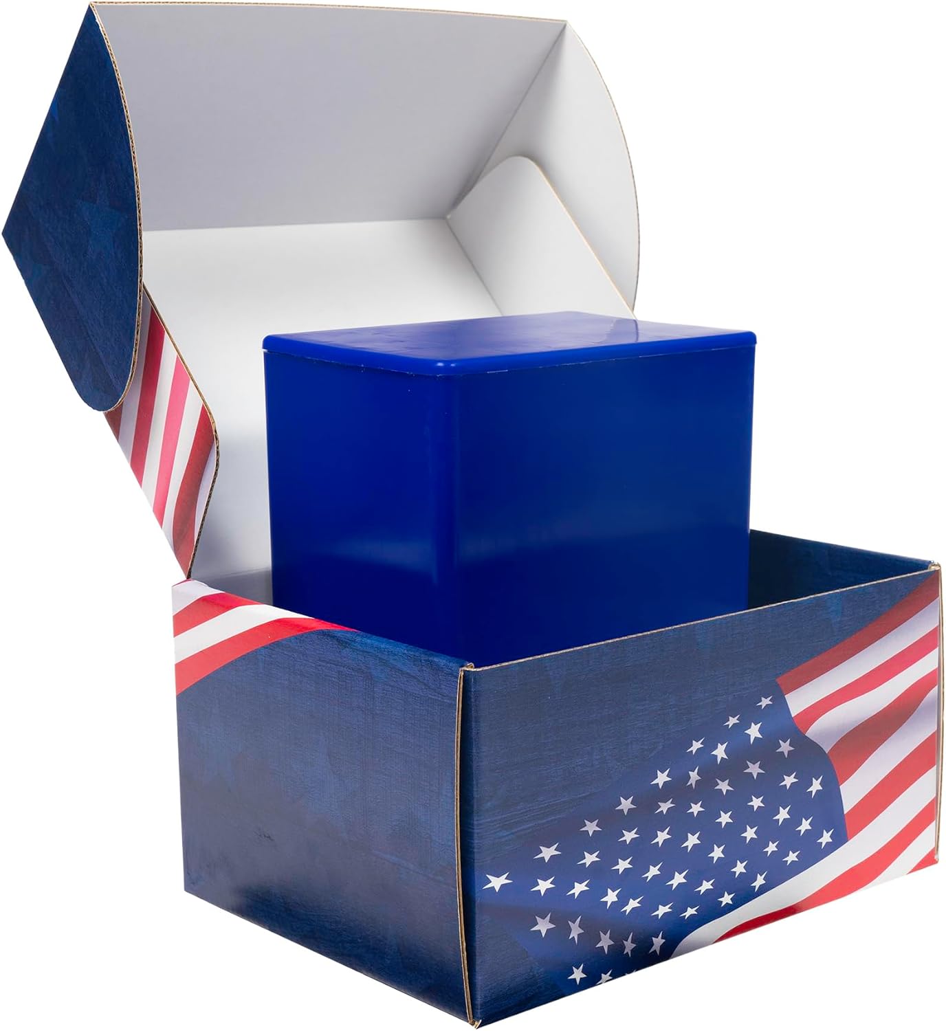 American Flag Themed TSA Approved Fly-Safe and Temporary Travel Cremation Urn Kit for Human Ashes - Airline and Mail Friendly - 200 Cubic Inch Capacity - Blue Plastic Urn with Patriotic Mailing Box