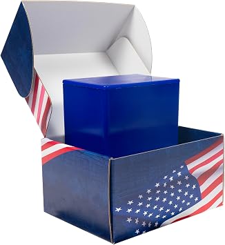 American Flag Themed TSA Approved Fly-Safe and Temporary Travel Cremation Urn Kit for Human Ashes - Airline and Mail Friendly - 200 Cubic Inch Capacity - Blue Plastic Urn with Patriotic Mailing Box