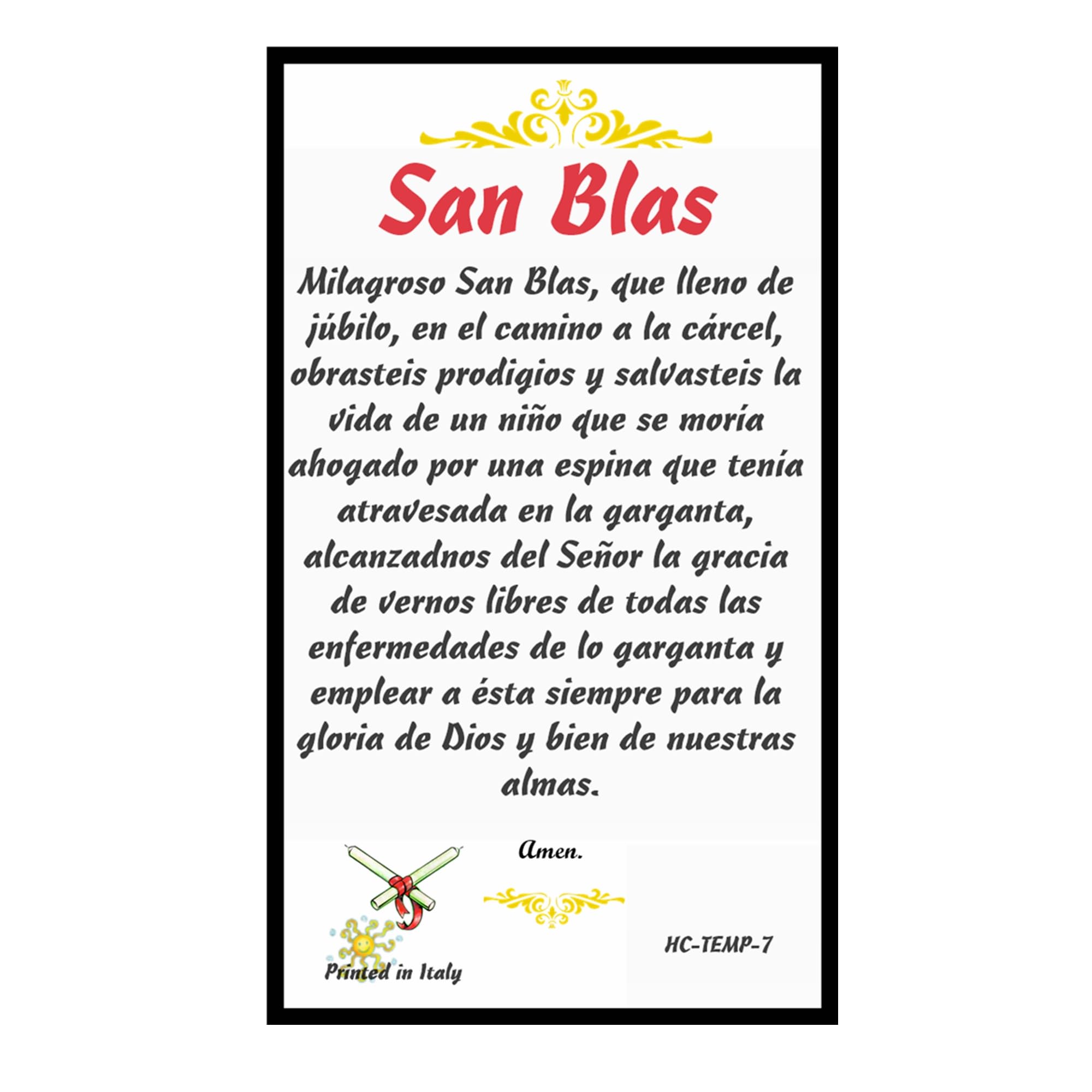 Gifts by Lulee, LLC Oracion a San Blas Tarjeta de Rezo Bendecida Importada de Italia Laminada con Acentos en Oro
