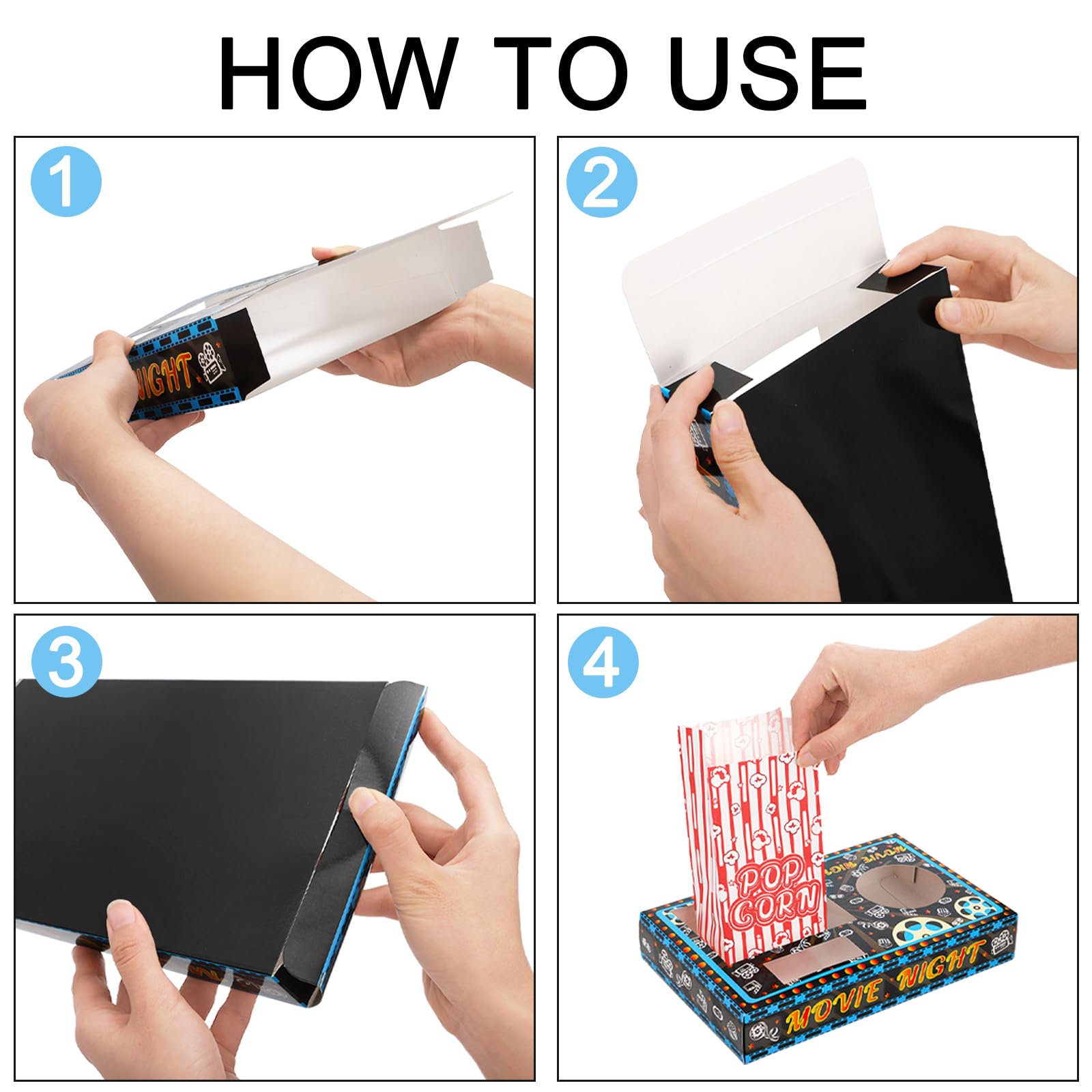 Kingrol Forniture per la notte del cinema, 100 pezzi, 50 vassoi per snack e 50 sacchetti per popcorn, usa e getta, per popcorn, caramelle, bevande, forniture per feste Home Theater e facile pulizia