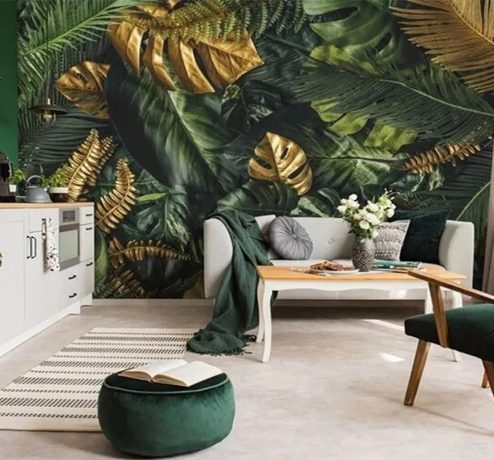 Fresh Green Gold Tropical Banana Leaves 3D Wallpaper Easy Install Feature Office Living Room Sofa Bedroom TV Background Wall Decoration-250cm×170cm