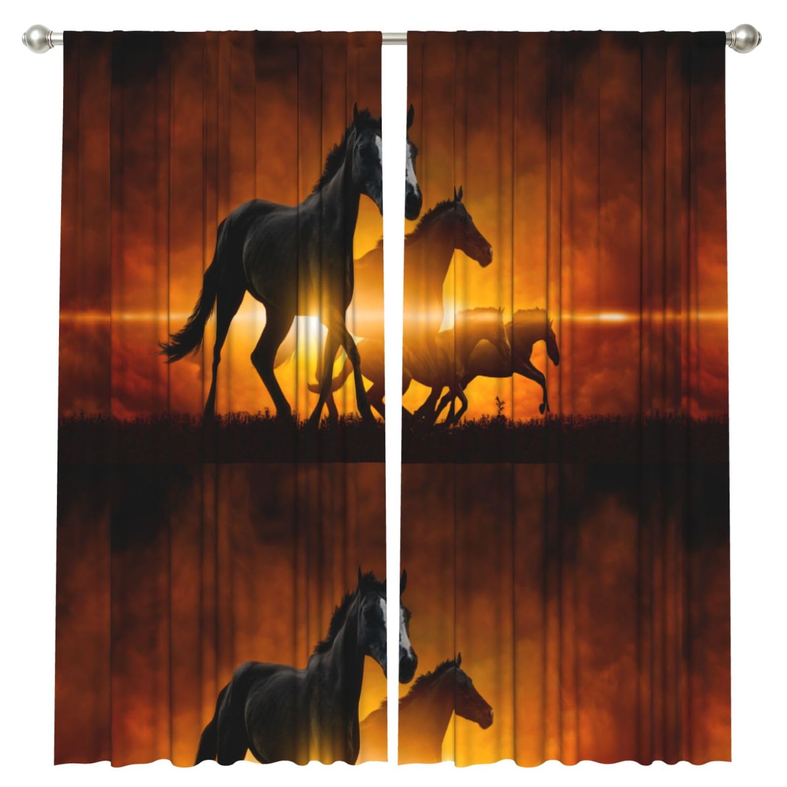 InOmak Black Horses Red Glowing Clouds Printed, 2 Panels Window Curtains 52 x 84 Inch Blackout Curtains for Living Room Bedroom