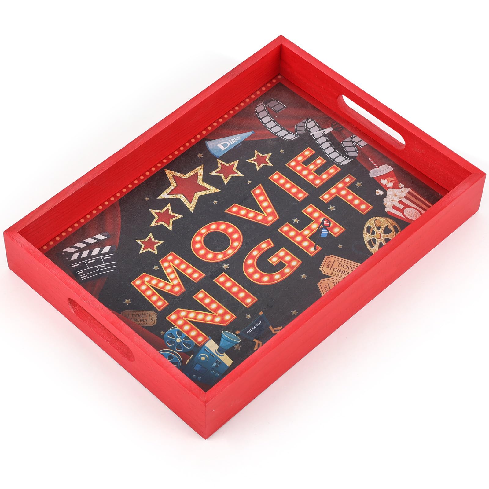 Movie Night Supplies Wooden Serving Snack Tray Movie Night Gift Basket for Theater Popcorn Bucket Bowl Box Container Family Room Decor