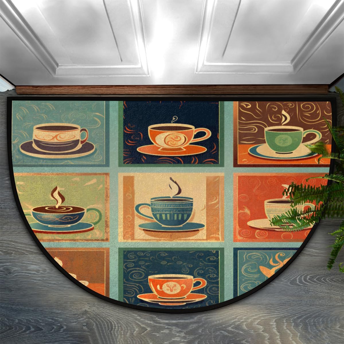 Vintage Coffee Colorful Half Round Doormat Washable Semi Circle Area Rug Non Slip Absorbent Half Moon Rugs for Indoor Outdoor Kitchen Bathroom Bedroom Living Room Fireplace Floor Carpet Decor