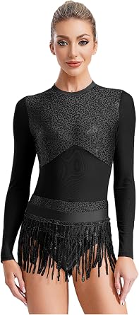 Women Shiny Sequins Long Sleeve Latin Leotards Dress Jazz Tango Ballroom Dance Costume