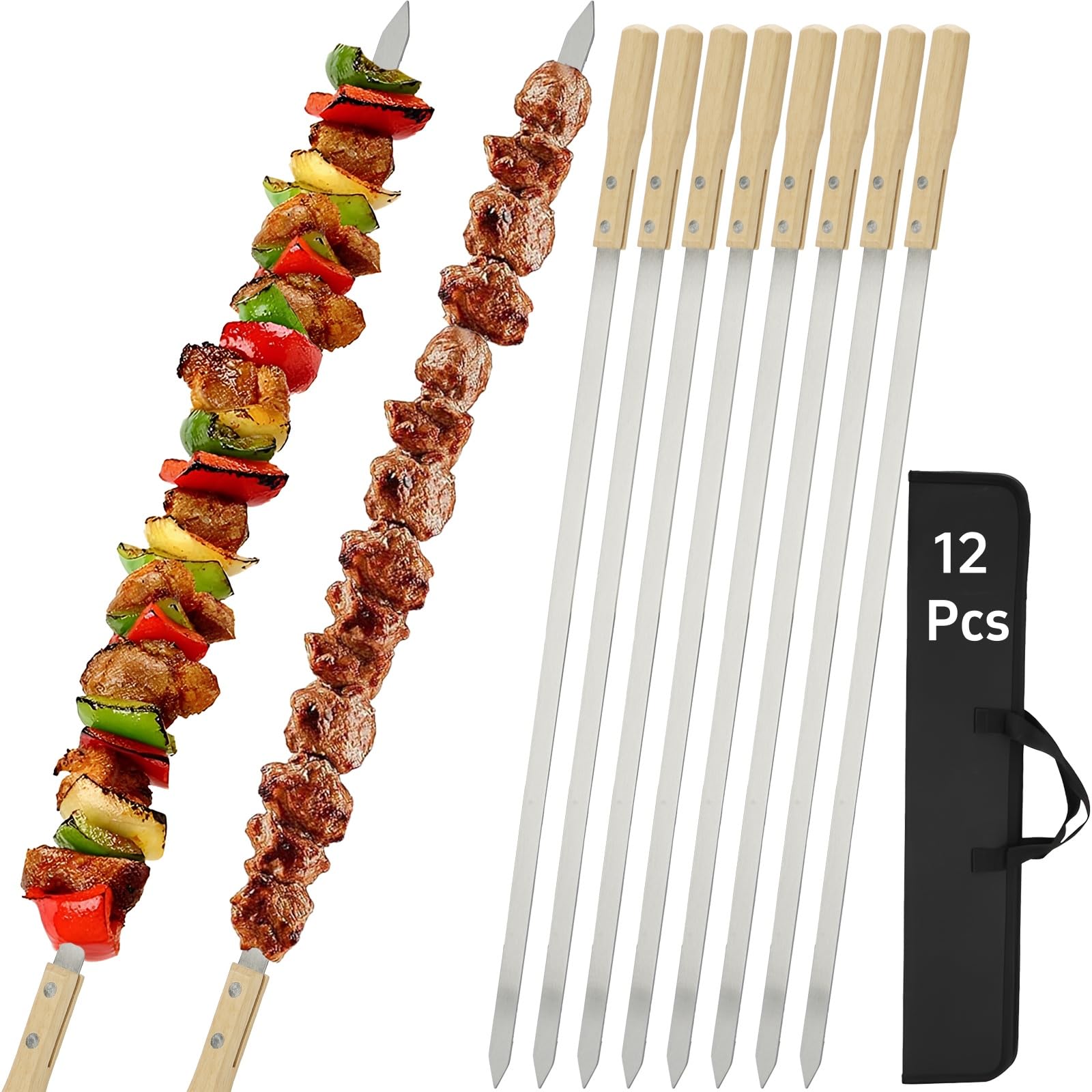 SHIKORI Pinchos de Kabob, pinchos para barbacoa, palos de acero inoxidable, 23 pulgadas, resistentes, grandes, anchos, reutilizables, con madera antideslizante, 12 piezas