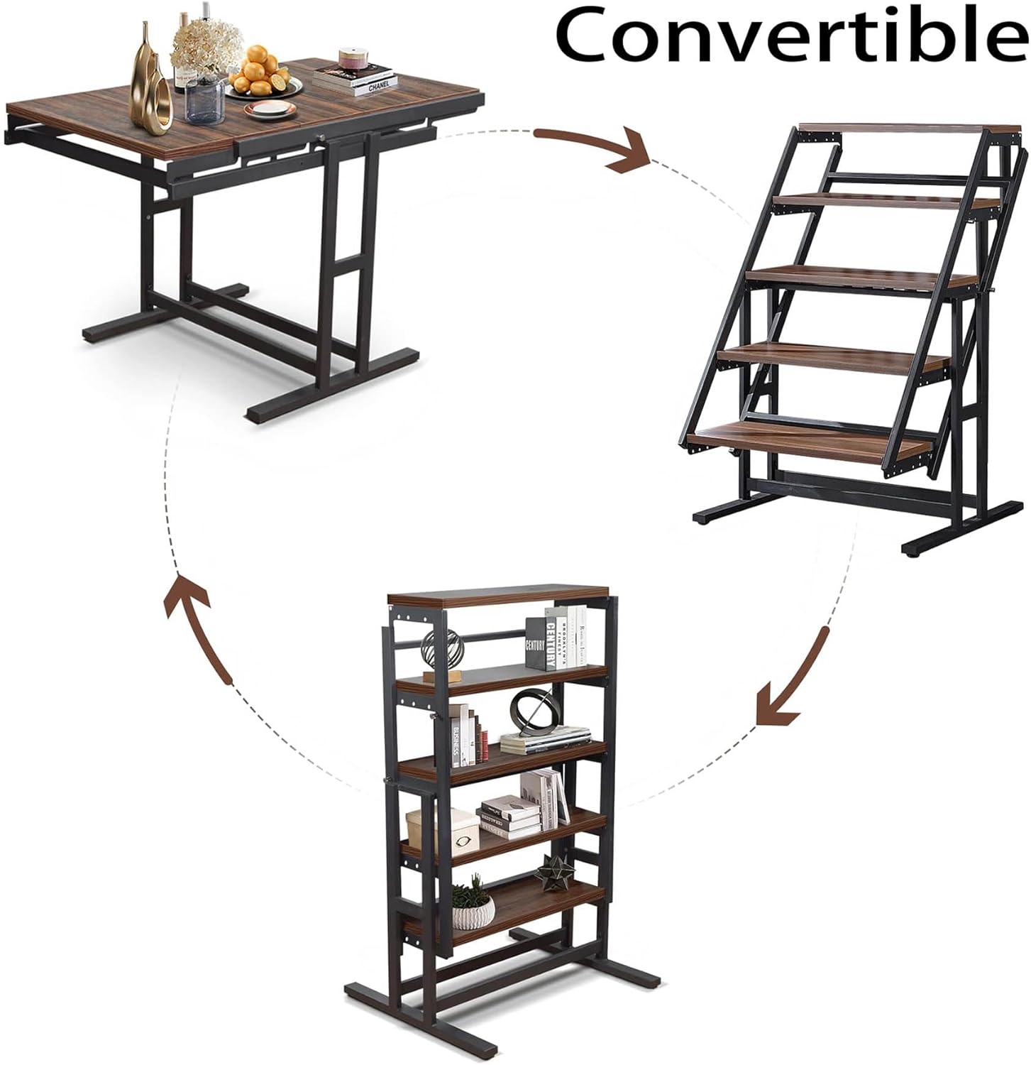 Diagram illustrating the three convertible modes of the table: dining table, ladder, and storage rack, with arrows showing the transformation process.