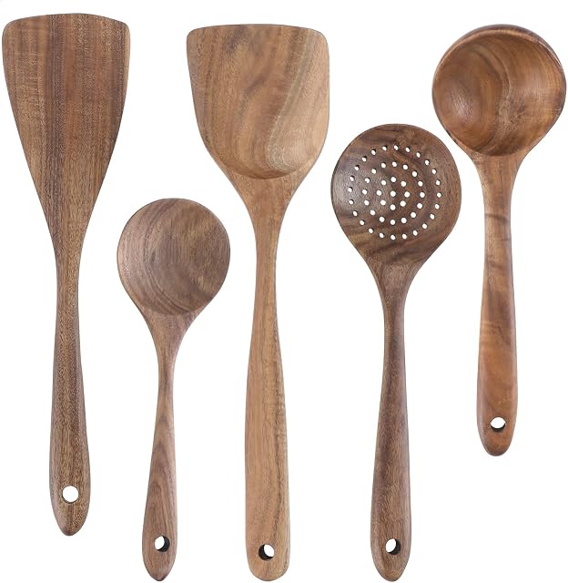 TsunNee 5PCS Non Scratch Wooden Kitchen Utensils Set, Japanese Style Cooking Utensils Set, Heat Resistant Utensils Set with Wood Spatula Cooking Spoons for Non-Stick Pans