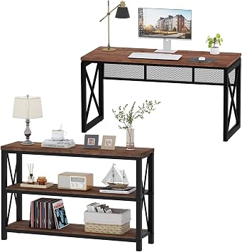BON AUGURE 2-Piece Rustic Furniture Set Industrial Computer Desk & Sofa Table, Stylish Home Office & Living Room Decor