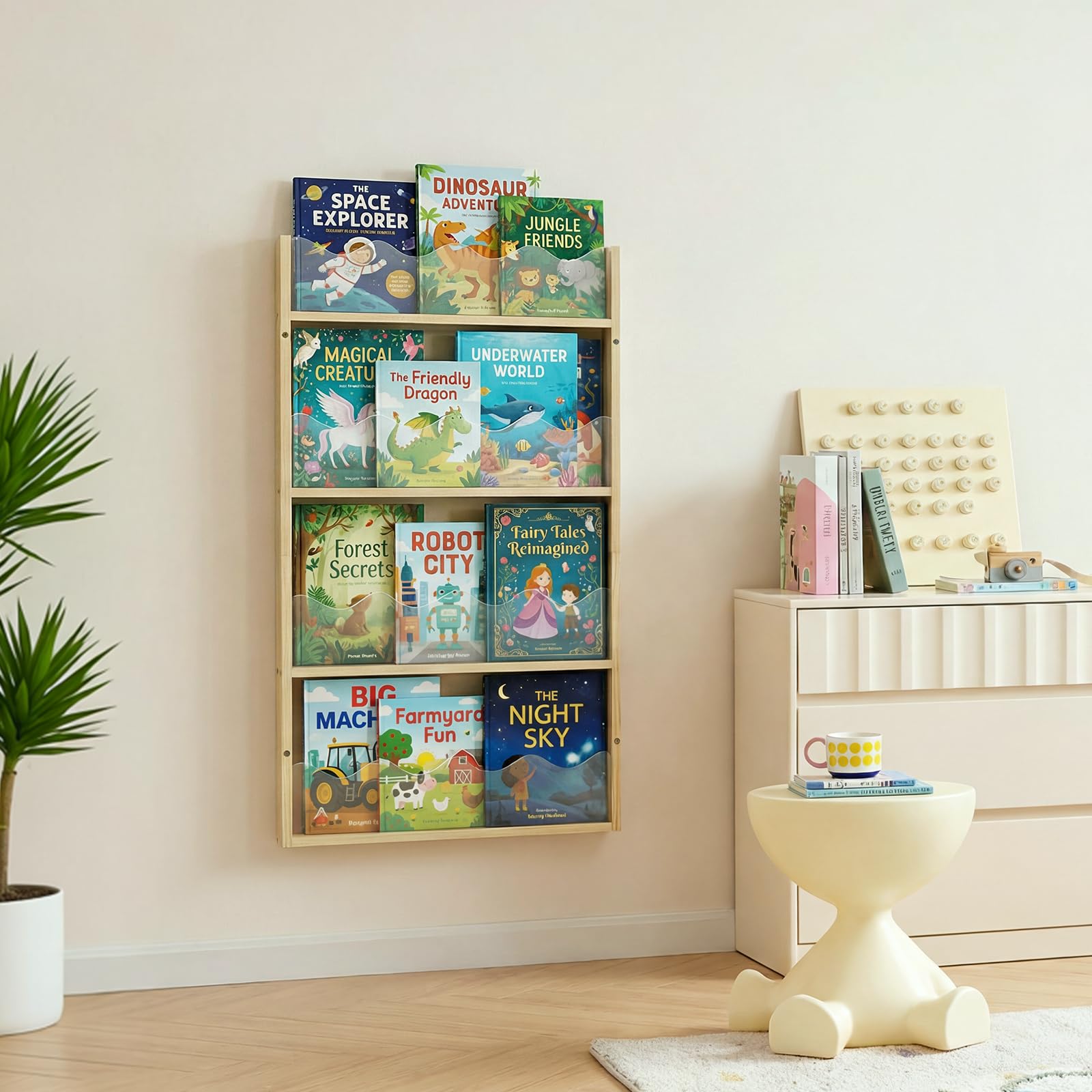 Étagère Murale 4 Niveaux Chambre d'enfant Bois & Acrylique - Étagère à Livres Flottante Chambre Bébé, Étagère Montessori Murale, Rangement Livres Enfant, Organisateur de Jouets & Livres